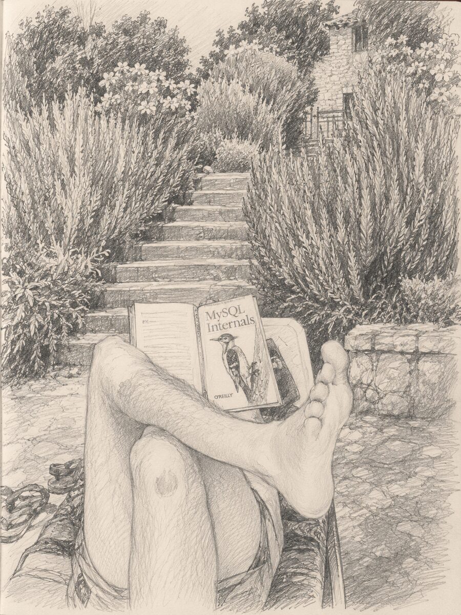 Potloodtekening van een persoon die een technische handleiding leest in een tuin