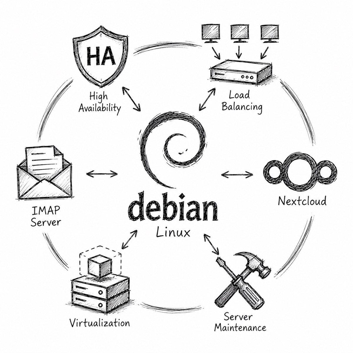 Handgetekend Debian Linux-consultingschema met hoge beschikbaarheid, load balancing, Nextcloud, virtualisatie en serveronderhoud