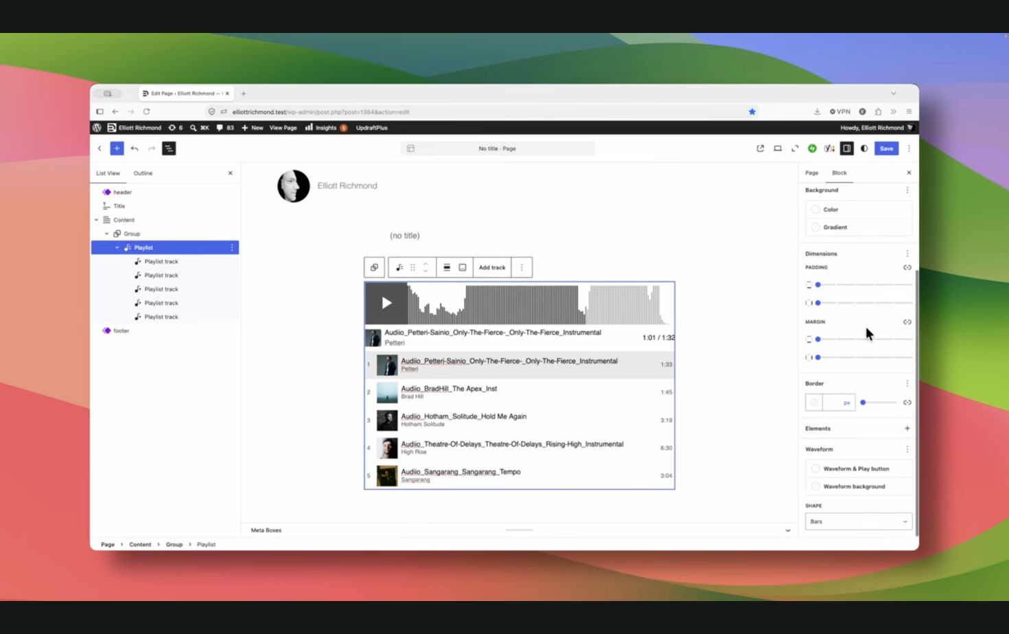 The native Playlist block with an audio waveform in the WordPress 7.1 editor